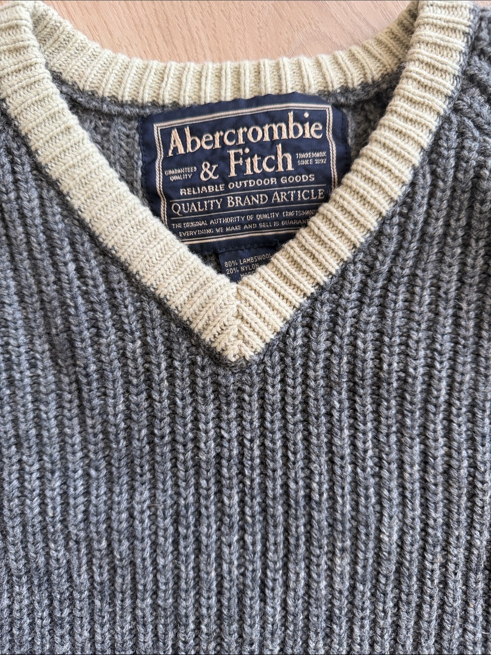 Abercrombie & Fitch Gray V-Neck Sweater with Cream Trim